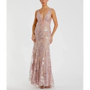 Mac Duggal Pink Floral Embellished Sleeveless Plunge Neck Gown Size 14 NWT 67481